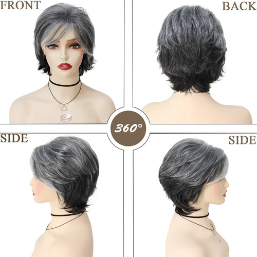 Load image into Gallery viewer, Synthetic Pixie Cut Grey Short Curly Wigs for Women Natural Layered Ombre Wig with Bangs Salt and Pepper Wigs Old Lady Mommy Wig
