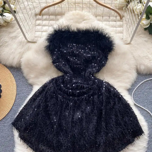 Load image into Gallery viewer, Black Sequin Plush Slim Mini Dress Women Christmas New Year Party Luxury Celebrity Evening Strapless Dress Sexy Club Red Dresses
