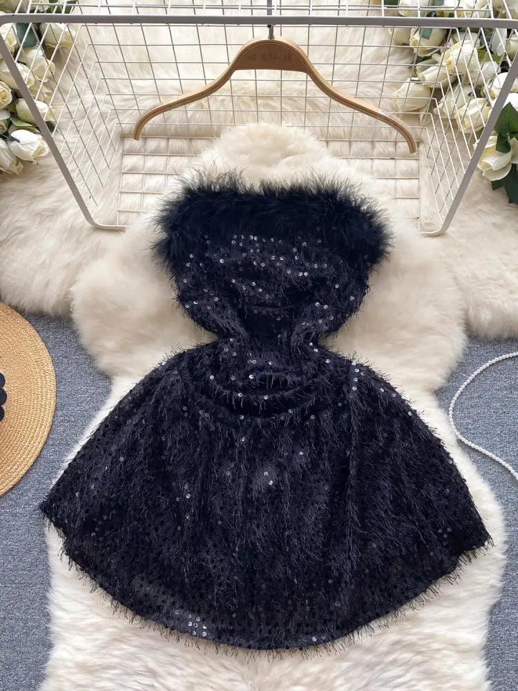Black Sequin Plush Slim Mini Dress Women Christmas New Year Party Luxury Celebrity Evening Strapless Dress Sexy Club Red Dresses