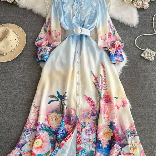 Load image into Gallery viewer, Autumn Retro Fashion Blue Flower Single Breasted Elegant Long Dress Women Stand Neck Long Sleeve Print Boho Evening Party Dress
