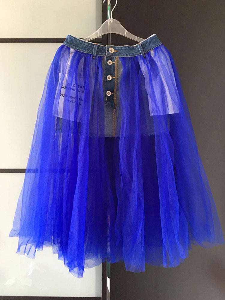 Minimalist Mesh Skirts For Women High Waist Patchwork Denim Hit Color Temperament Loose Skirt Female Fashion Autumn