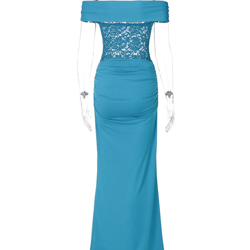Load image into Gallery viewer, Off-shoulder Strapless Sexy Maxi Dress For Women Elegant Blue Sleeveless Backless Lace Patchwork Bodycon Long Dress
