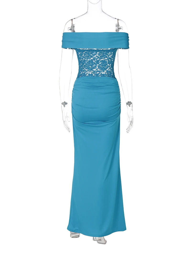 Off-shoulder Strapless Sexy Maxi Dress For Women Elegant Blue Sleeveless Backless Lace Patchwork Bodycon Long Dress
