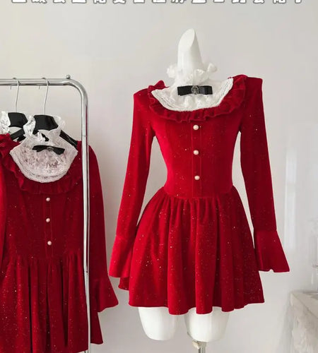 Women New Black Lace Long Sleeve Ruffles Pleated Princess Dress Autumn Winter Red High Waist Elegant Birthday Party Short Dress