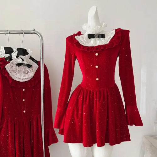 Load image into Gallery viewer, Women New Black Lace Long Sleeve Ruffles Pleated Princess Dress Autumn Winter Red High Waist Elegant Birthday Party Short Dress
