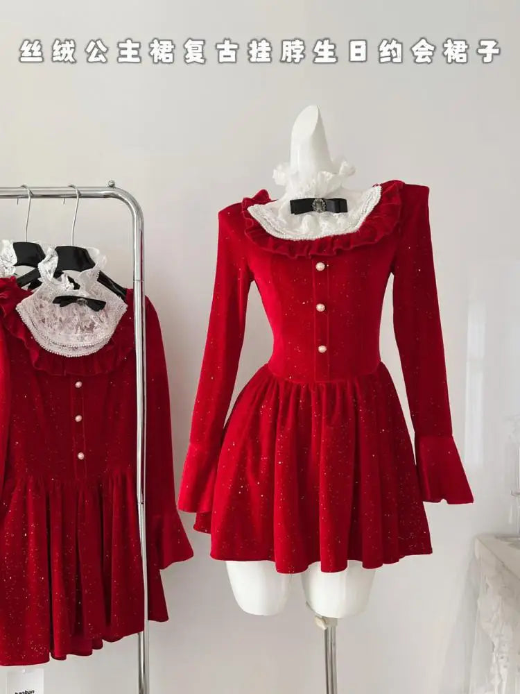 Women New Black Lace Long Sleeve Ruffles Pleated Princess Dress Autumn Winter Red High Waist Elegant Birthday Party Short Dress