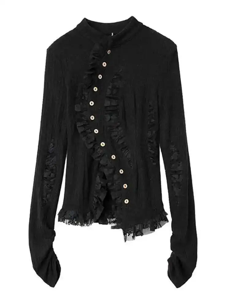 Black Lace Irregular Knitting Cardigan Sweater Stand Collar Long Sleeve Women New Fashion Tide Spring Autumn 2025 1DF5704