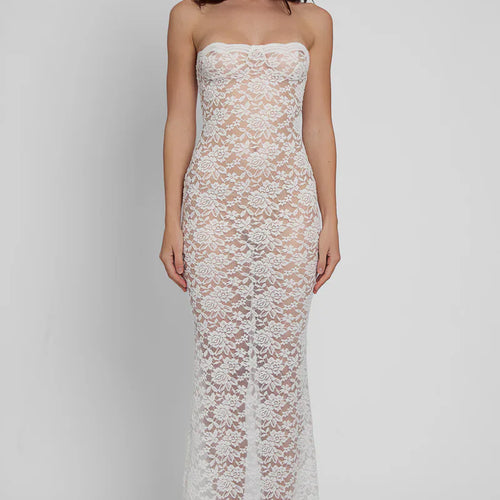 Load image into Gallery viewer, Lace See Through Sexy Midi Dress For Women Fashion Off-shoulder Strapless Sleeveless Backless Bodycon Club Party Dress
