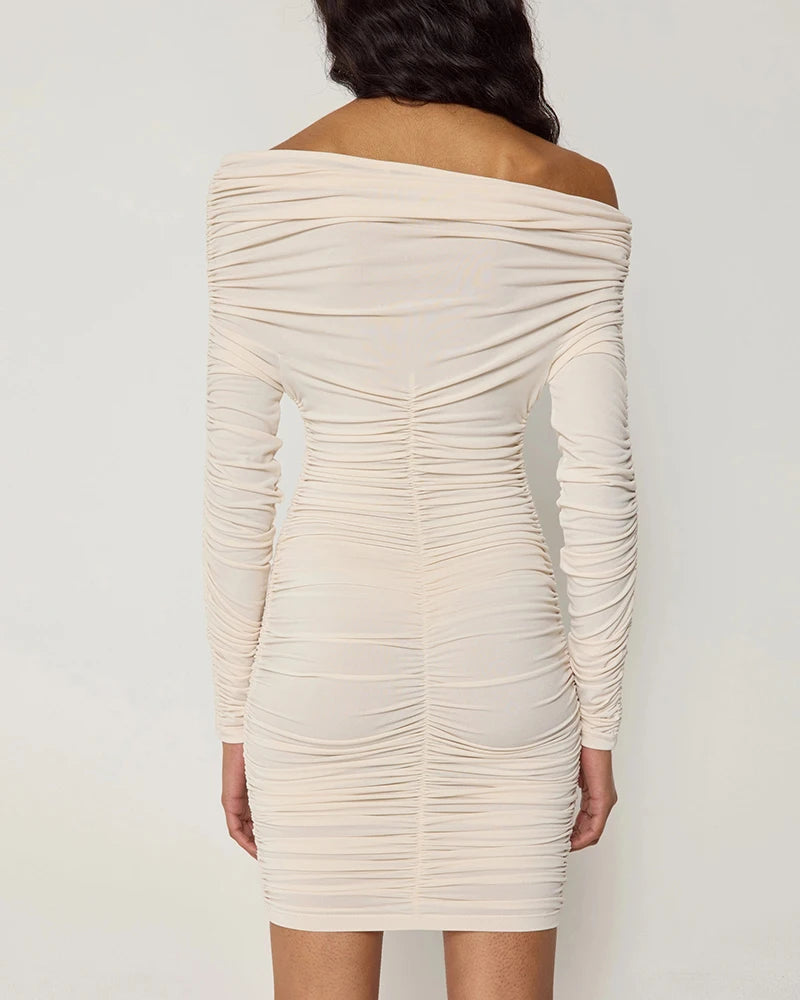 Inclined Shoulder Long Sleeve Sexy Mini Dress For Women Autumn New Fashion Backless Ruched Bodycon Party Sexy Dress