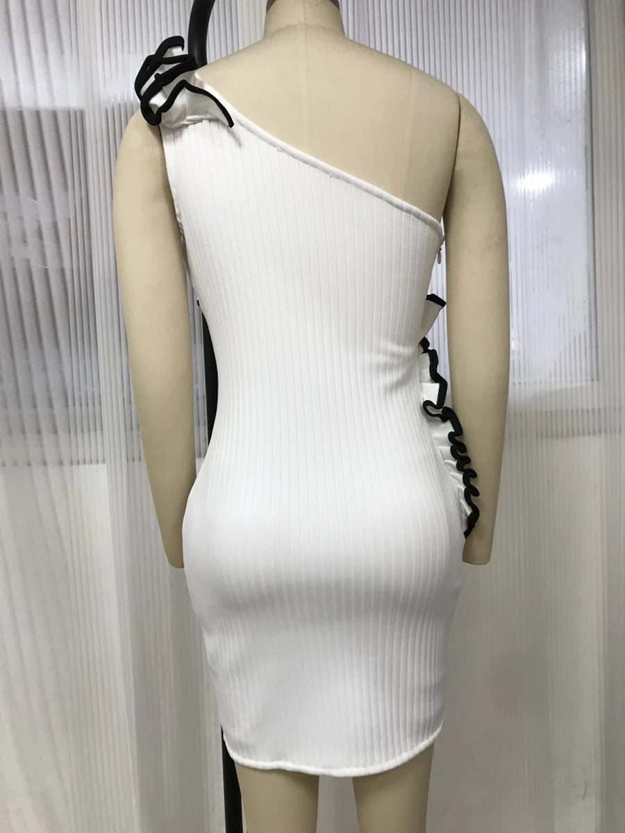 Hit Color Spliced Appliques Dresses For Women Diagonal Collar Sleeveless High Waist Temperament Dress Female New