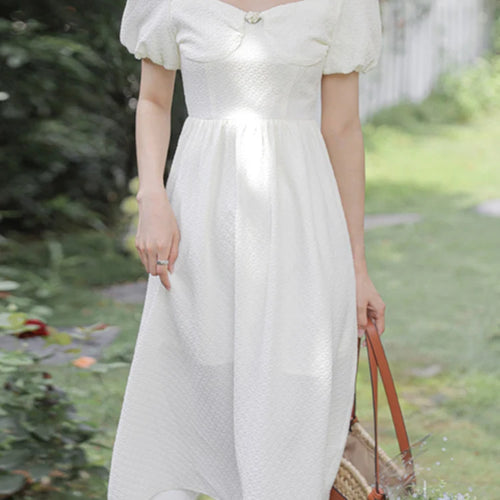 Load image into Gallery viewer, Slim Fashion White Puff Sleeve Women&#39;s Dresses French Style Square Neck Solid Color Female Dress Summer Elegant Dress
