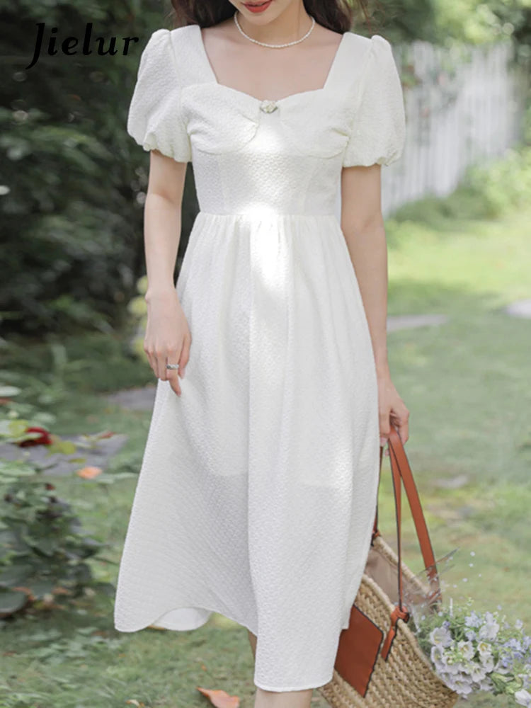 Slim Fashion White Puff Sleeve Women's Dresses French Style Square Neck Solid Color Female Dress Summer Elegant Dress