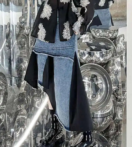 High Elastic Waist Black Denim Irregular Color-block Half-body Skirt Women Fashion Tide New Spring Autumn 2025 1DH5253