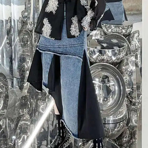 Load image into Gallery viewer, High Elastic Waist Black Denim Irregular Color-block Half-body Skirt Women Fashion Tide New Spring Autumn 2025 1DH5253
