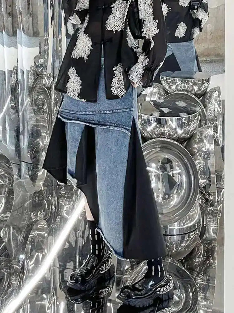 High Elastic Waist Black Denim Irregular Color-block Half-body Skirt Women Fashion Tide New Spring Autumn 2025 1DH5253