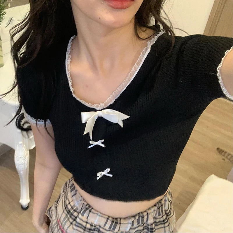 Japanese Y2K Bow Korean Summer T shirt Women Ruched Spliced Harajuku Sweet Cute Cropped Tops Slim Cottagecore Clothes