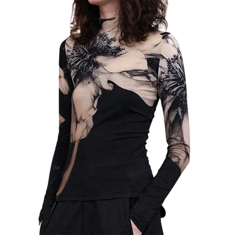 Women Vintage Print T-Shirts High-Neck Long Sleeves Stylish Selection Skinny Women Casual Black Trendy Tops