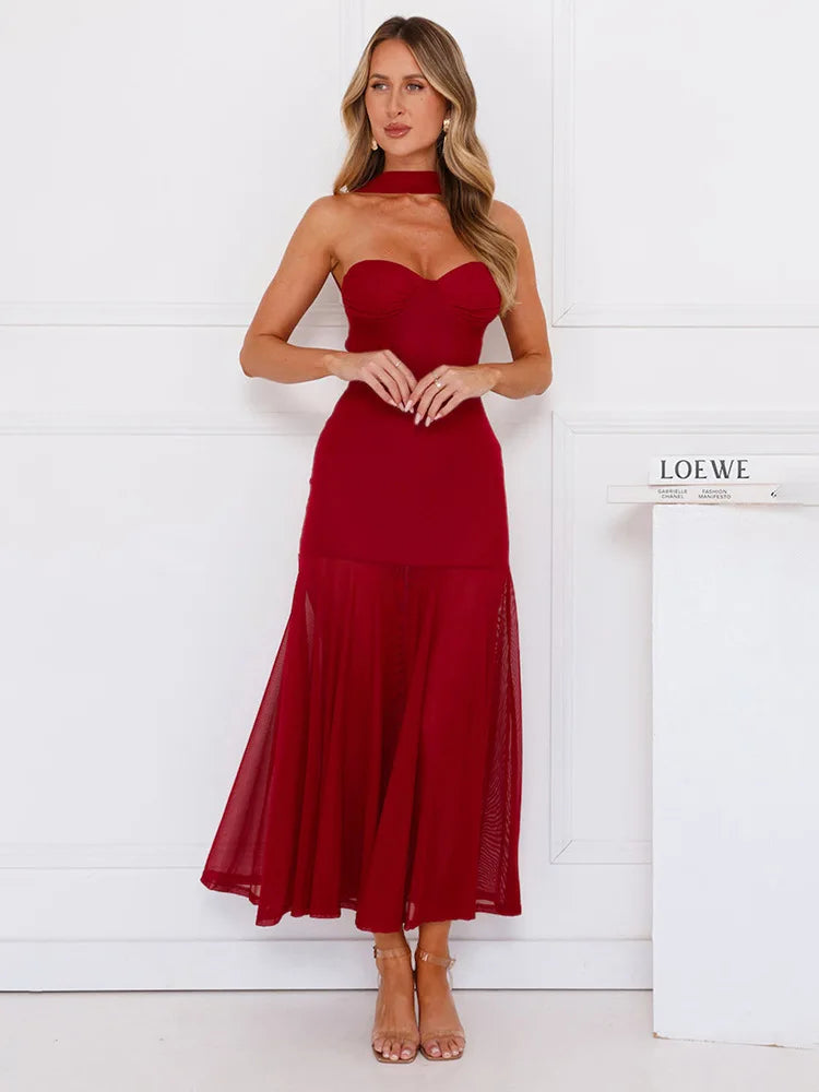 Scarf collar strapless sexy maxi dress women gown off-shoulder backless sleeveless A-line bodycon club long dress
