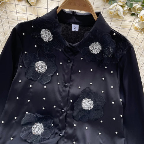 Load image into Gallery viewer, French Retro White Bead Sequin Single Breasted Long Sleeved Women's Shirt Autumn 2024 New Black Embroidered Flower Blouses Tops

