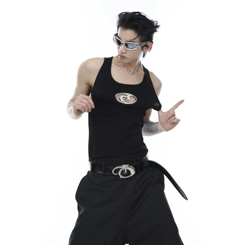 Summer Niche Design Metal Hollow Out Men's Vests Fashion Trendy Solid Color Sleeveless Tank Tops American Style 9A8385