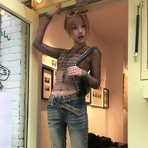 Load image into Gallery viewer, Japanese Y2k Mesh Tops Vintage Harajuku Letter Print Long Sleeve T-shirt 2000s Grunge Aesthetics Sheer Tops American 90s
