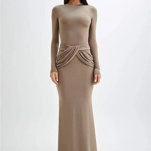 Load image into Gallery viewer, Diagonal Collar Long Sleeve Maxi Dress For Women Autumn Winter New Solid High Waist Ruched Bodycon Sexy Long Dress
