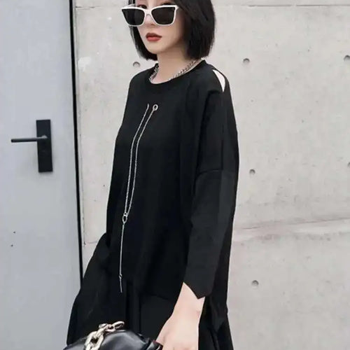 Load image into Gallery viewer, Women Black Zipper Metal Chain Big Size Casual T-shirt New Round Neck Long Sleeve Fashion Tide Spring Autumn 2025 1DF4693
