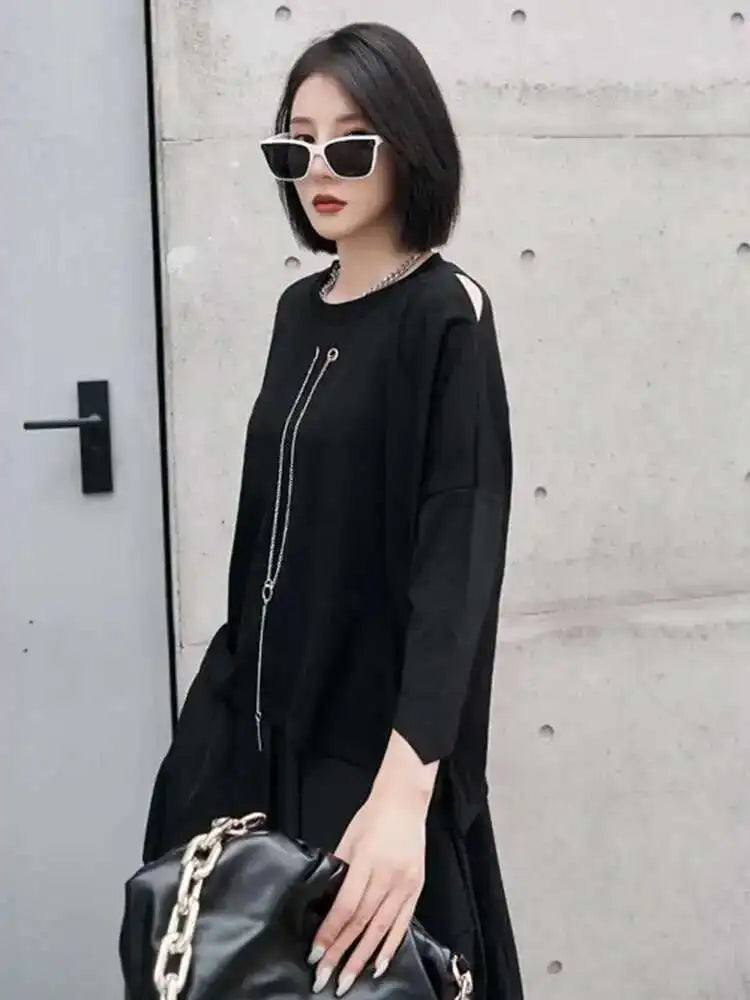 Women Black Zipper Metal Chain Big Size Casual T-shirt New Round Neck Long Sleeve Fashion Tide Spring Autumn 2025 1DF4693