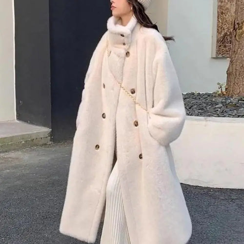 Load image into Gallery viewer, French Vintage Women Beige Long Sleeve Thick Mink Coat 2024 New Autumn Winter Ladies Double Breasted Warm Jacket Trendy Fashion
