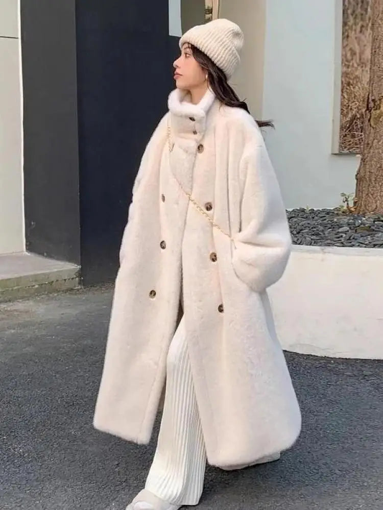 French Vintage Women Beige Long Sleeve Thick Mink Coat 2024 New Autumn Winter Ladies Double Breasted Warm Jacket Trendy Fashion