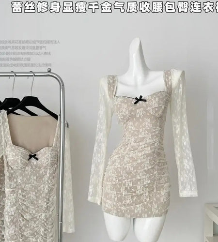 French Vintage Women's Beige Lace Long Sleeved Elegant Short Dress Autumn Winter Square Neck Bow Pleated Wrap Hip Mini Dress New