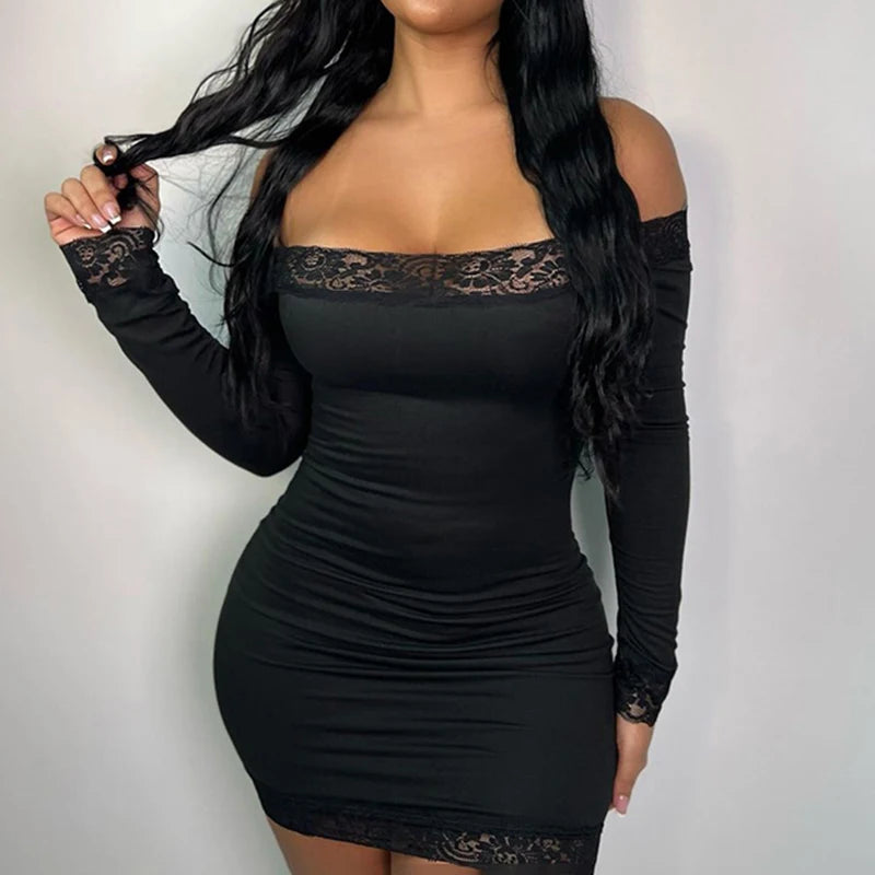 Fashion Elegant Lace Patched Sexy Party Dress Bodycon Solid Off Shoulder Clubwear Autumn Dress Evening Casual Outfits