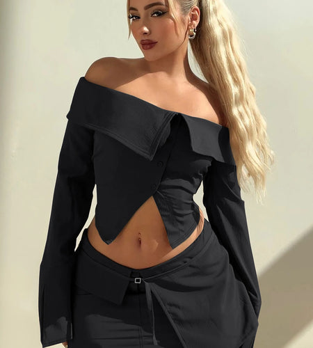 Fashion 2 Pcs Sets Slash Neck Long Sleeve Buttons Sexy Crop Top Belt Skirt Women Casual Y2K Outfits Streetwear Festival