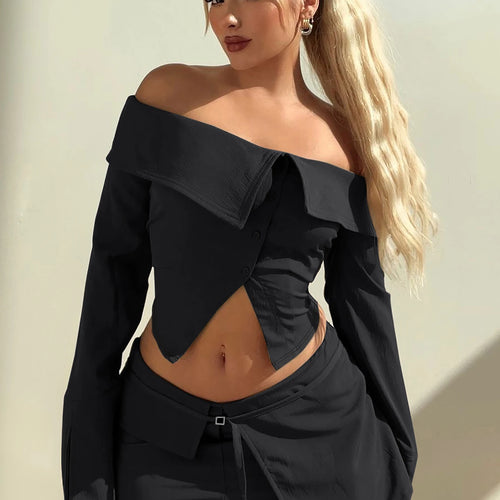 Load image into Gallery viewer, Fashion 2 Pcs Sets Slash Neck Long Sleeve Buttons Sexy Crop Top Belt Skirt Women Casual Y2K Outfits Streetwear Festival
