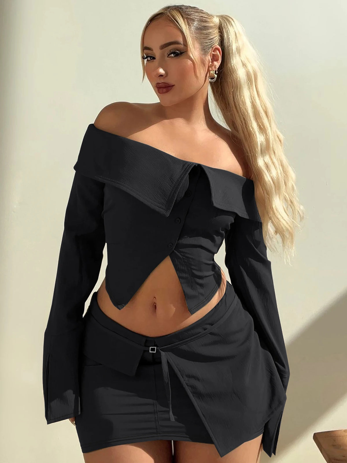 Fashion 2 Pcs Sets Slash Neck Long Sleeve Buttons Sexy Crop Top Belt Skirt Women Casual Y2K Outfits Streetwear Festival