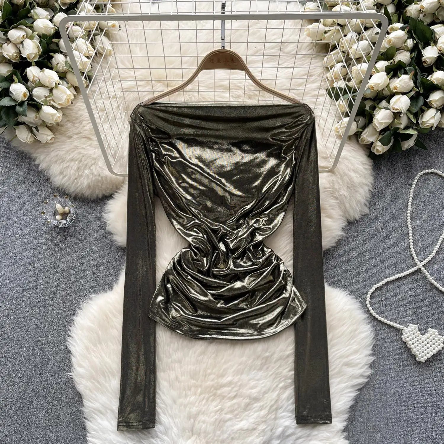 Solid Sexy Off Shoulder Long Sleeve Bright Pleated Tops Women's Autumn 2023 New Elegant Slim Versatile Bottom Shirt Trend Simple