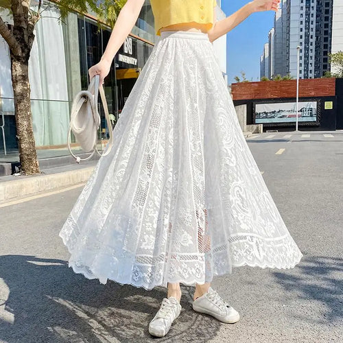 Load image into Gallery viewer, Spring Summer French Fashion Vintage Solid Lace Slim Long Skirt Women High Waist Elegant Party Pleated A-line Skirt New Clothing
