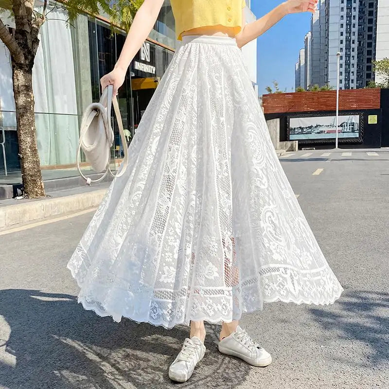 Spring Summer French Fashion Vintage Solid Lace Slim Long Skirt Women High Waist Elegant Party Pleated A-line Skirt New Clothing