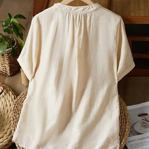 Load image into Gallery viewer, Vintage Women White Beige Embroidery Loose Single Breasted Short Sleeve Cotton Shirt Summer Round Neck Elegant Festival Tops New
