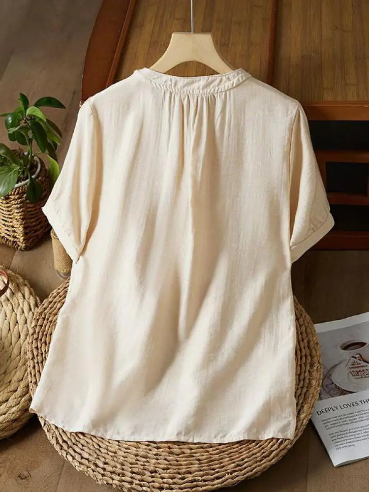 Vintage Women White Beige Embroidery Loose Single Breasted Short Sleeve Cotton Shirt Summer Round Neck Elegant Festival Tops New
