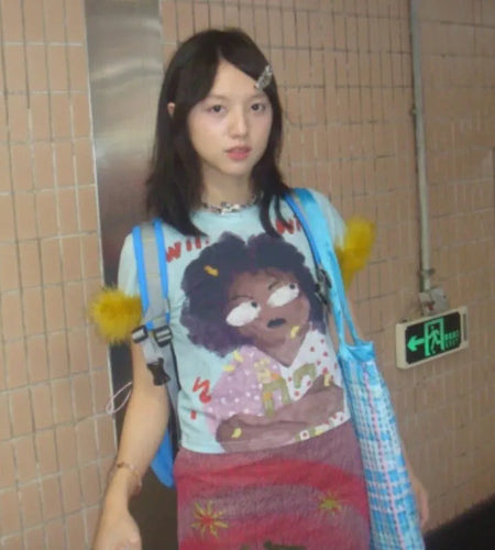 Japanese Y2k Graffiti Print T-shirt Trashy 2000s Style Crop Top Vintage Harajuku Removable Fur Sleeve Tee Shirt American