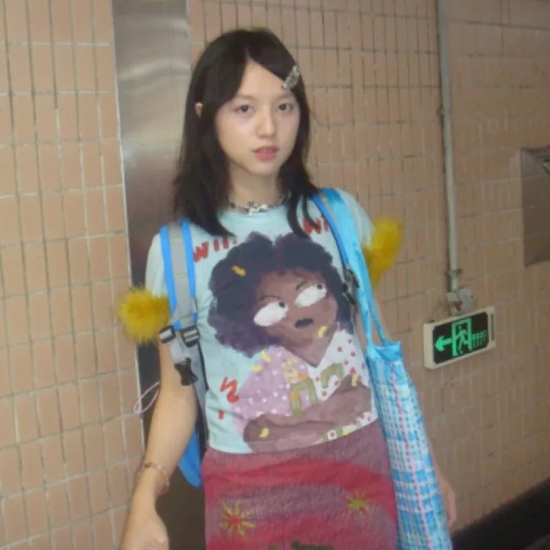 Japanese Y2k Graffiti Print T-shirt Trashy 2000s Style Crop Top Vintage Harajuku Removable Fur Sleeve Tee Shirt American