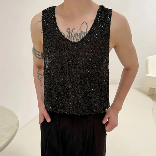 Load image into Gallery viewer, Summer Fashion Men&#39;s Tank Tops Solid Color Loose Round Neck Sleveeless Sequins Casual Male Top New Stylish 9C6109
