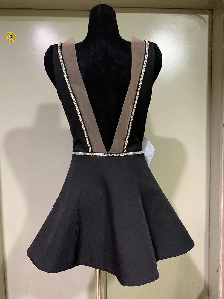 Solid Spliced Appliques Sexy Dress For Women O Neck Sleeveless Backless High Waist Chic Mni Dresses Female Clothes