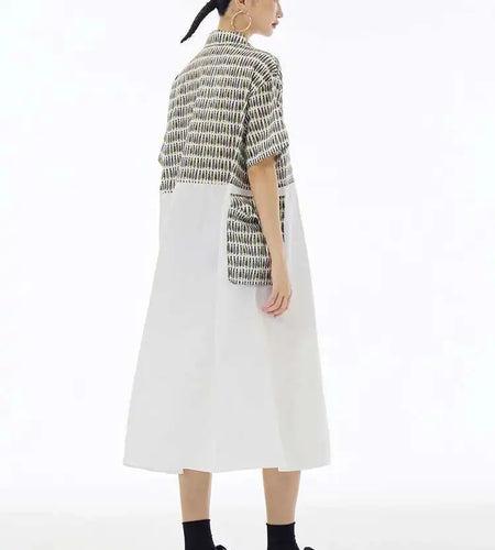 Women Black Printed Color-block Big Size Shirt Dress New Laple Short Sleeve Fashion Tide Spring Summer 2025 1DH6081