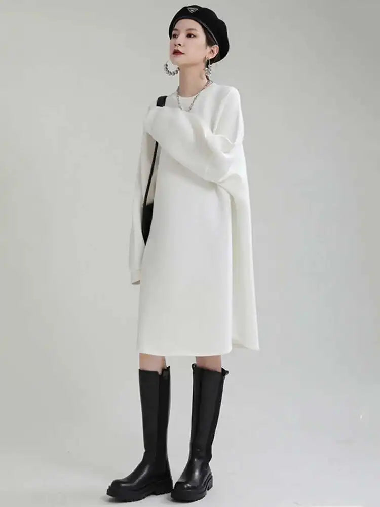 Women White Big Size Shaped Long Dress New Round Neck Long Sleeve Loose Fit Fashion Tide Spring Autumn 2025 1DE4098