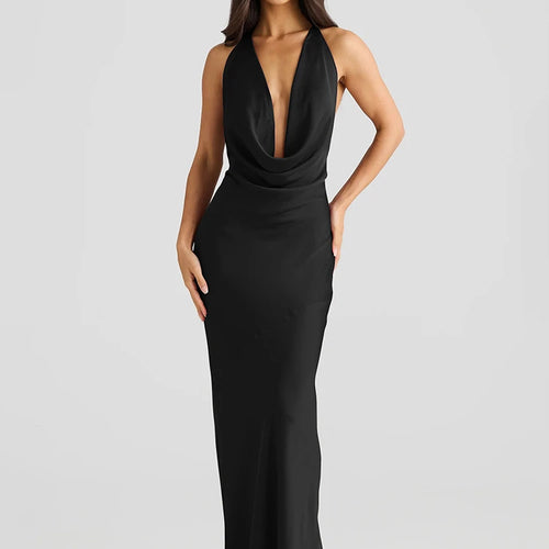 Load image into Gallery viewer, Satin Halter Backless Sexy Maxi Dress Women Gown Elegant Solid Sleeveless Lace-up High Waist Evening Club Long Dress
