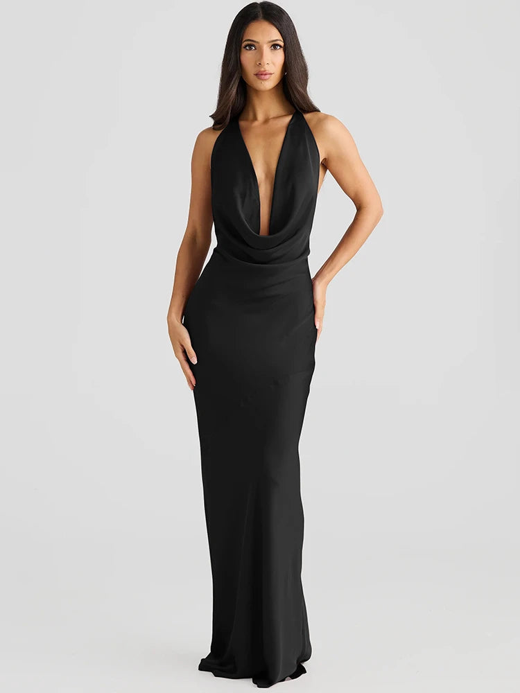 Satin Halter Backless Sexy Maxi Dress Women Gown Elegant Solid Sleeveless Lace-up High Waist Evening Club Long Dress