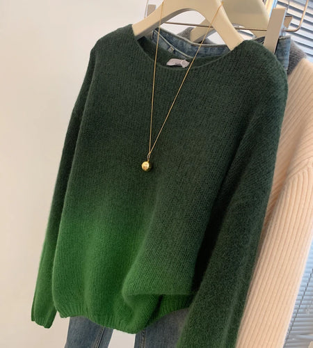 Autumn Winter Green Gradient Elegant Short Sweater Women Korean Fashion Elegent O-neck Long Sleeve Festival Knit Pullover Tops