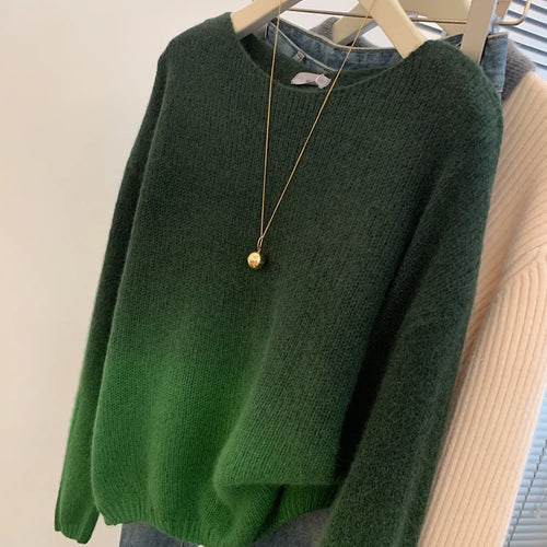 Load image into Gallery viewer, Autumn Winter Green Gradient Elegant Short Sweater Women Korean Fashion Elegent O-neck Long Sleeve Festival Knit Pullover Tops
